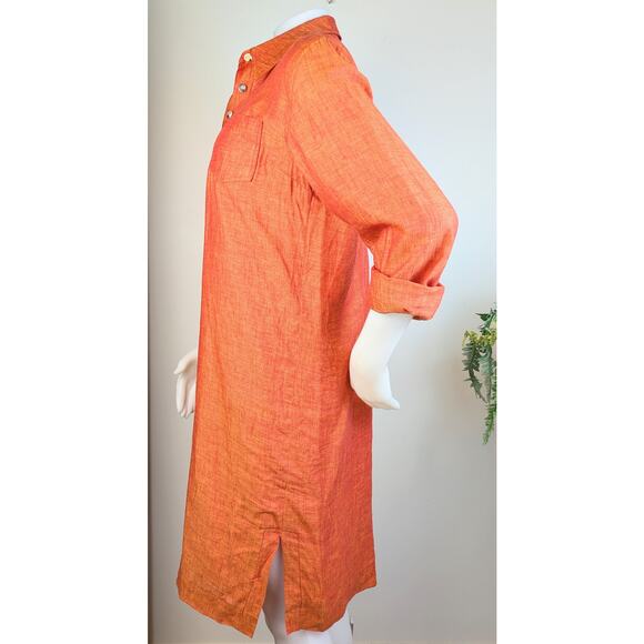 VTG Chetta B Shirt Shift Dress Linen 8 Coral Orange Shimmer Long Sleeve Coastal - Picture 6 of 13